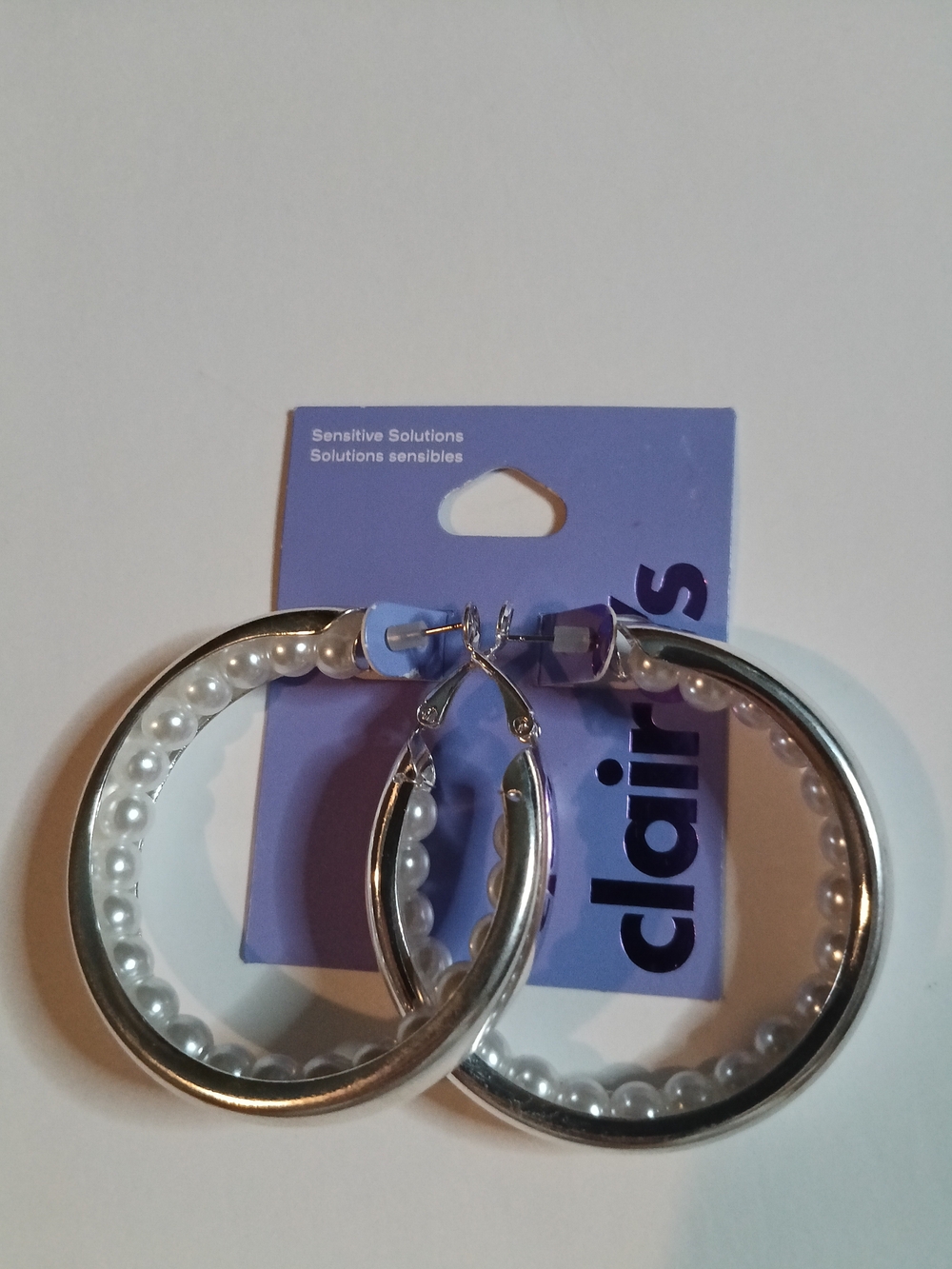 Claire's Silver Hoop Earrings with Pearl Bead Trim